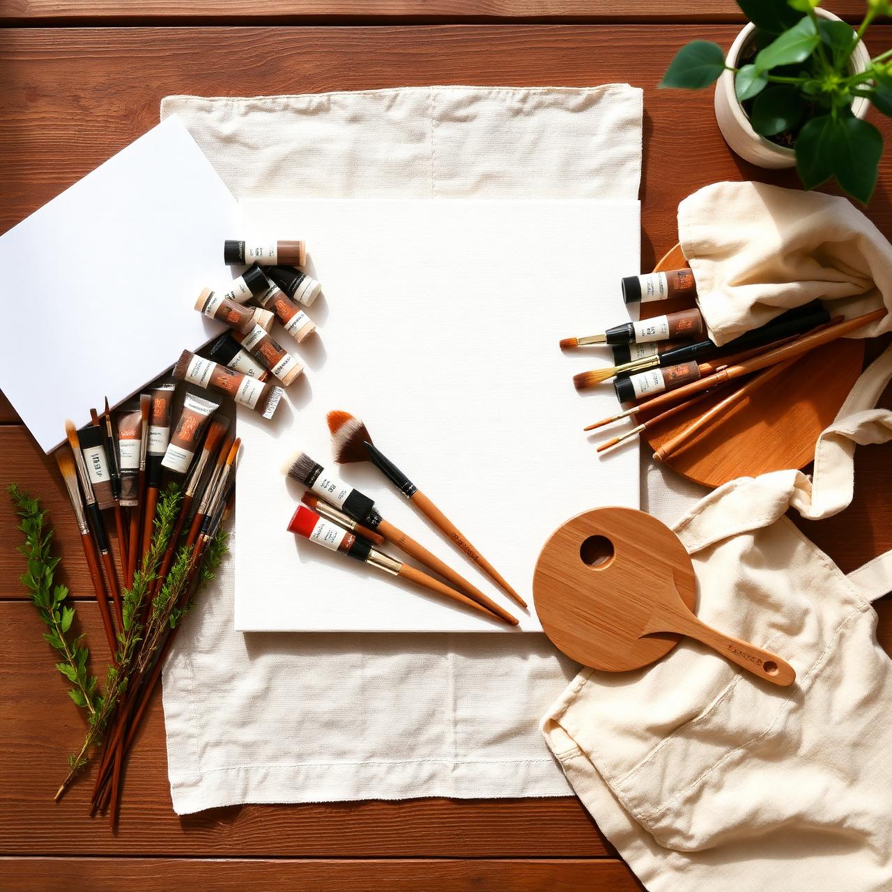 Overhead flat lay of a First Paint kit — canvas, paints, brushes, palette, and apron